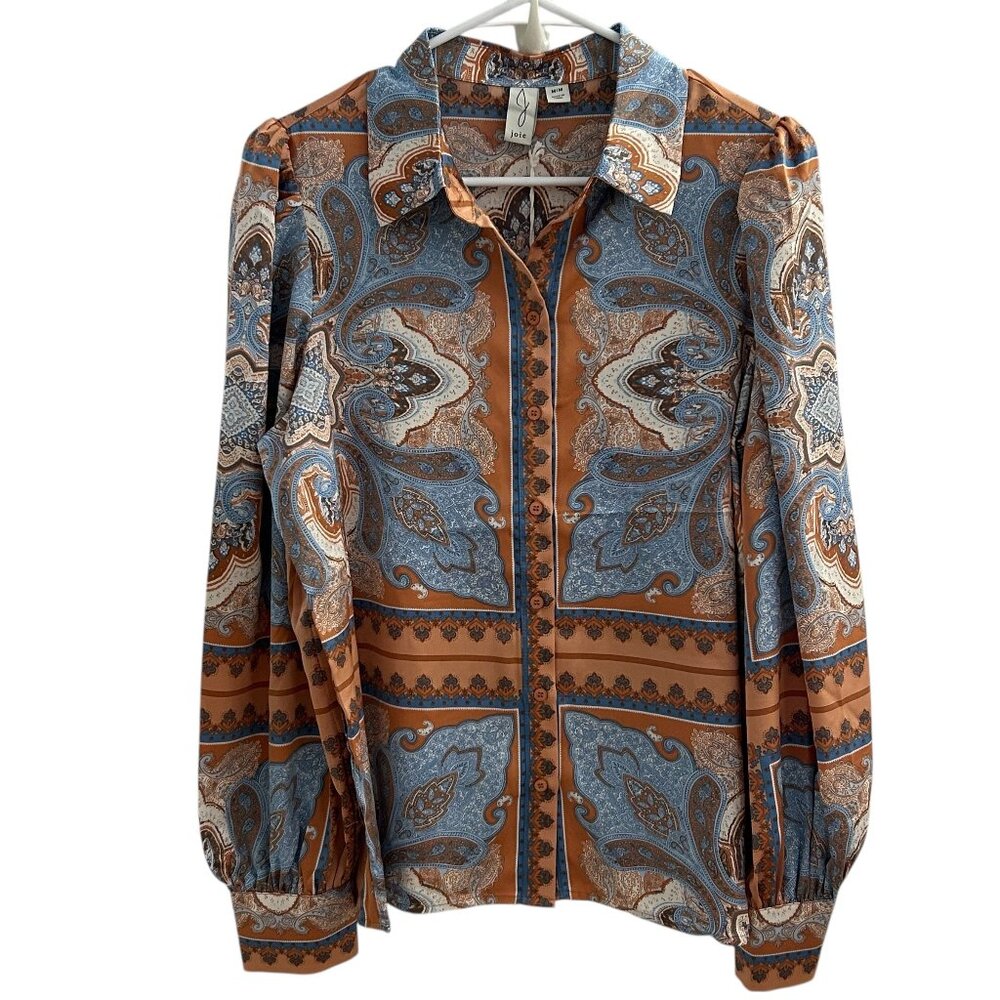 Joie Women's Size M Blue Orange Paisley Silky Polyester Satin Blouse Top NWT